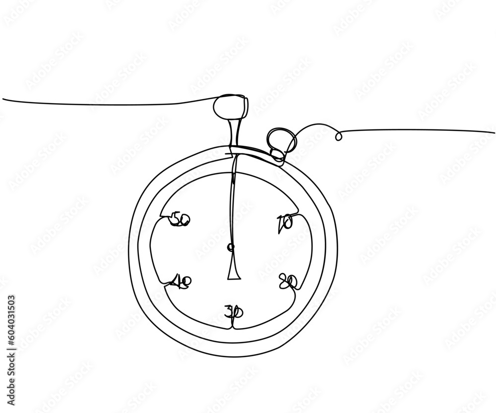 Stopwatch, timer, clock one line art. Continuous line drawing of