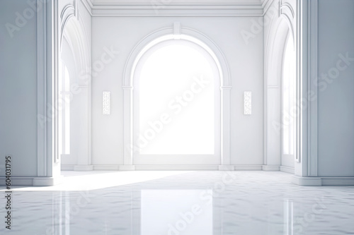 Minimalistic Empty Sunny White Interior with Big Window. AI generative