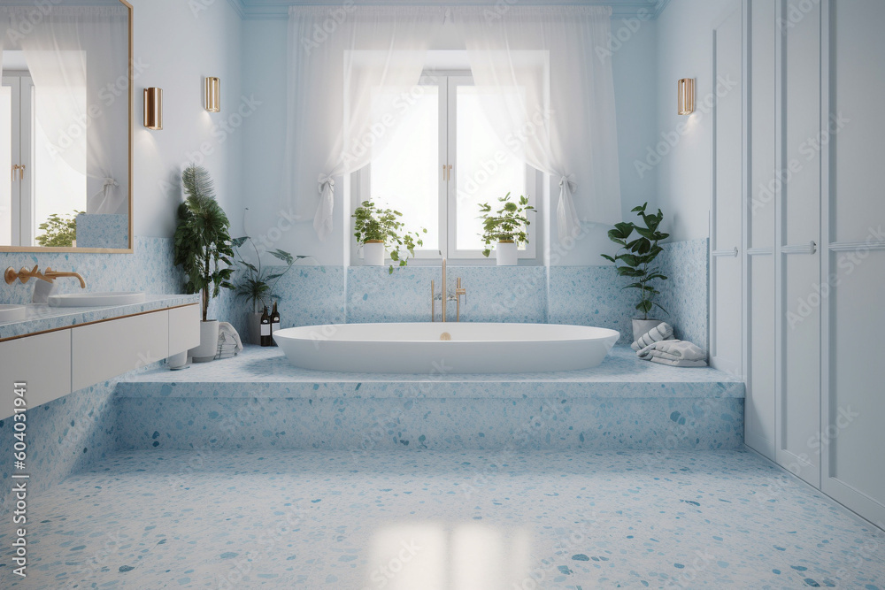 Fototapeta premium Modern cozy bathroom, classic clean interior design with blue, white and beige colors. Super photo realistic background, generative ai illustration