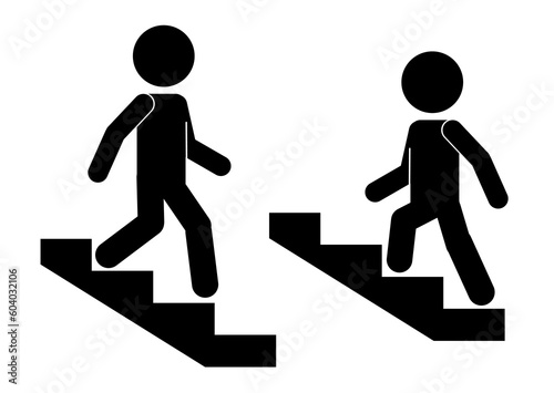 Bundle set isolated illustration of man walking down and climbing up stair or ladder, graphic resource for safety building sign, indoor information label