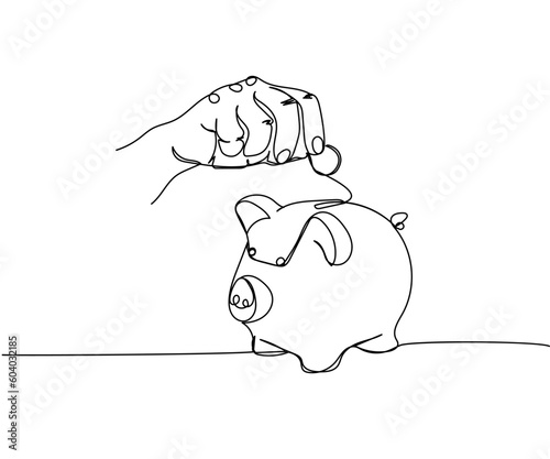 Putting coins in a piggy bank, savings one line art. Continuous line drawing of bank, money, finance, financial, payment, data, savings, economic, wealth, credit