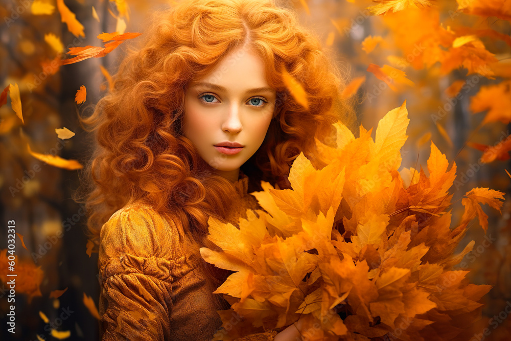 A redhead woman in a beautiful autumn scenery with falling leaves, holding a bunch of leaves, generative AI A redhead woman in a beautiful autumn scenery with falling leaves, holding a bunch of leaves, generative AI