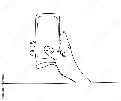 Smartphone in hand, Internet banking, bank app one line art. Continuous line drawing of bank, money, finance, financial, payment, data, savings, economic, wealth, credit