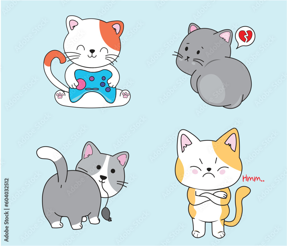 Funny Kawaii Cat Illustrations, Cute Household cats, Funny chef kitty ,cat vector illustration set