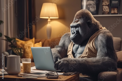 Wide shot image of the gorilla in a hoodie working on a laptop from home. Anthropomorphic concept