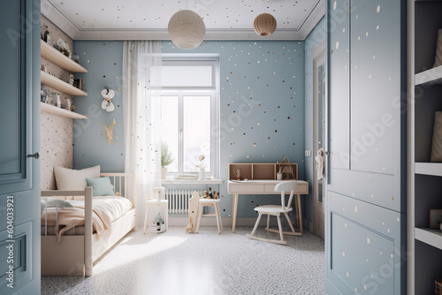 Modern cozy childrens room  classic clean interior design with blue  white and beige colors. Super photo realistic background  generative ai illustration