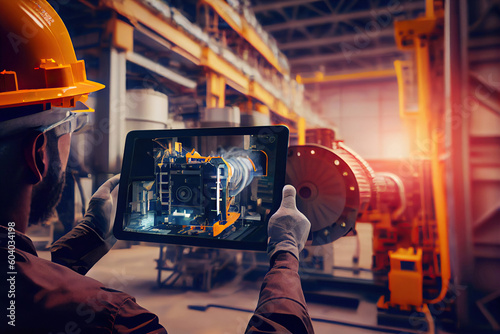 Ai generated illustration Industrial 4.0 , Augmented reality concept. Hand holding tablet with AR service , maintenance application