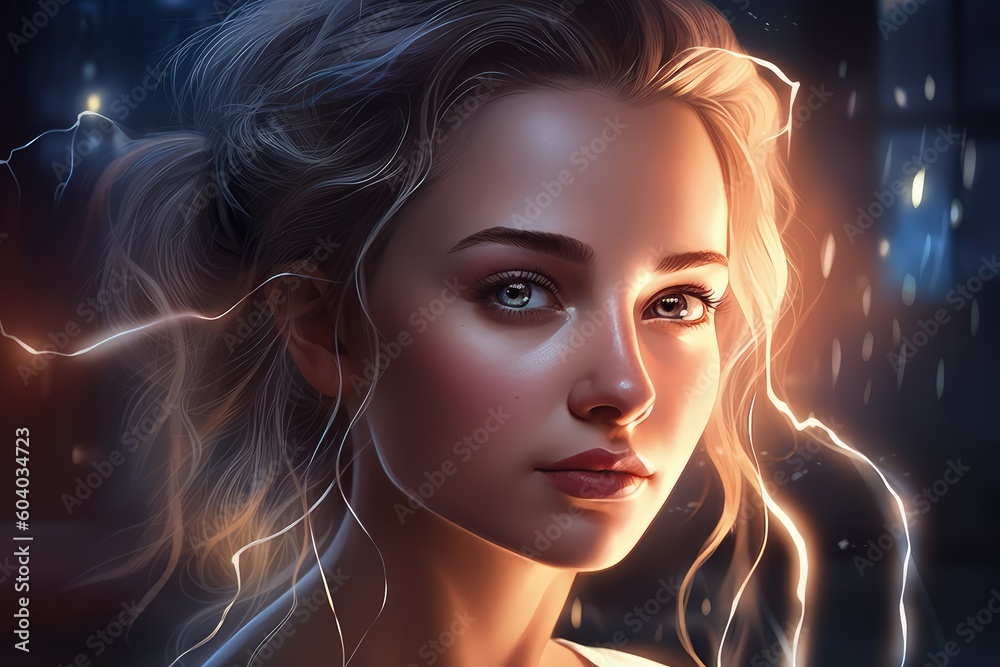 Portrait of a girl with lightning bolts and powerful on the background, generative ai