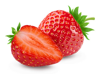 Strawberries isolated. Ripe sweet strawberries and half a berry on a white background.