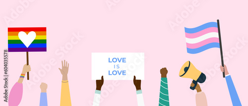 People hold megaphone and flags with lgbt rainbow and transgender flag during pride month celebration against violence, descrimination, human rights violation. Equality and self-affirmarmation.