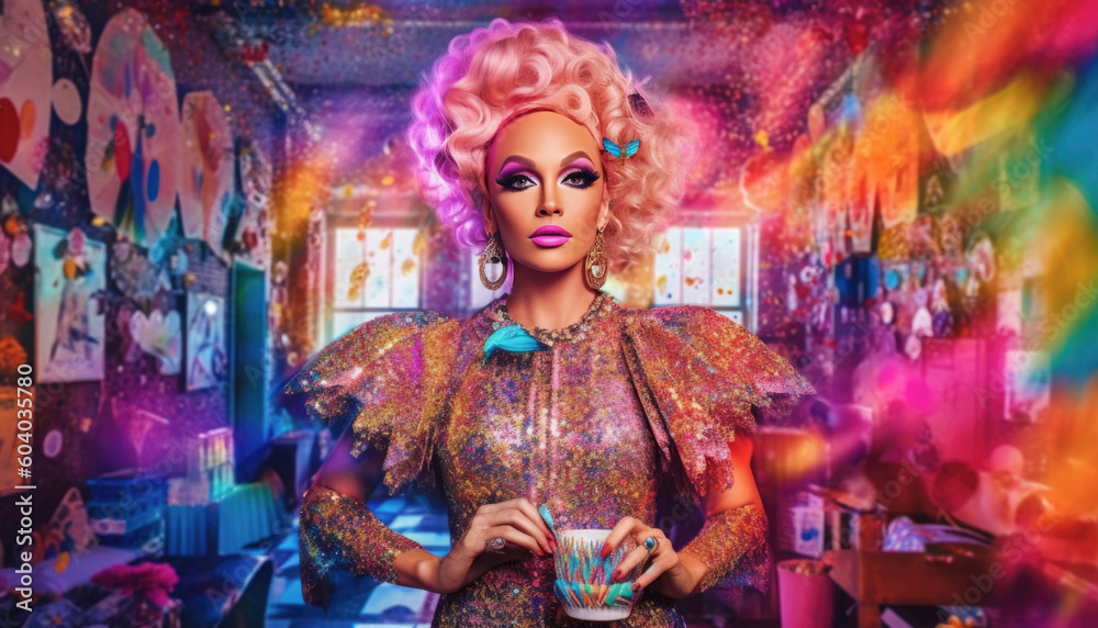 Drag Queen with heavy makeup andvibrant colors. LGBT pride festval concept. Generative AI illustrations
