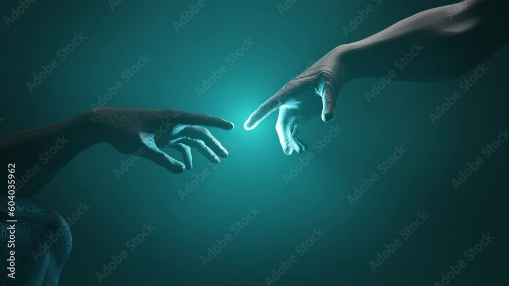 creation of Adam in 3d, the creator and the creation, mystical figures touch each other with a finger, the moment of touch, the divine spark. 3d simulation