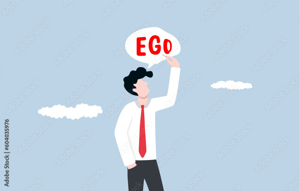 Reducing ego, cultivating humility, recognizing value in different perspective, being open to feedback and constructive criticism, Businessman deflating speech bubble of word EGO with needle. Reducing ego, cultivating humility, recognizing value in different perspective, being open to feedback and constructive criticism, Businessman deflating speech bubble of word EGO with needle.