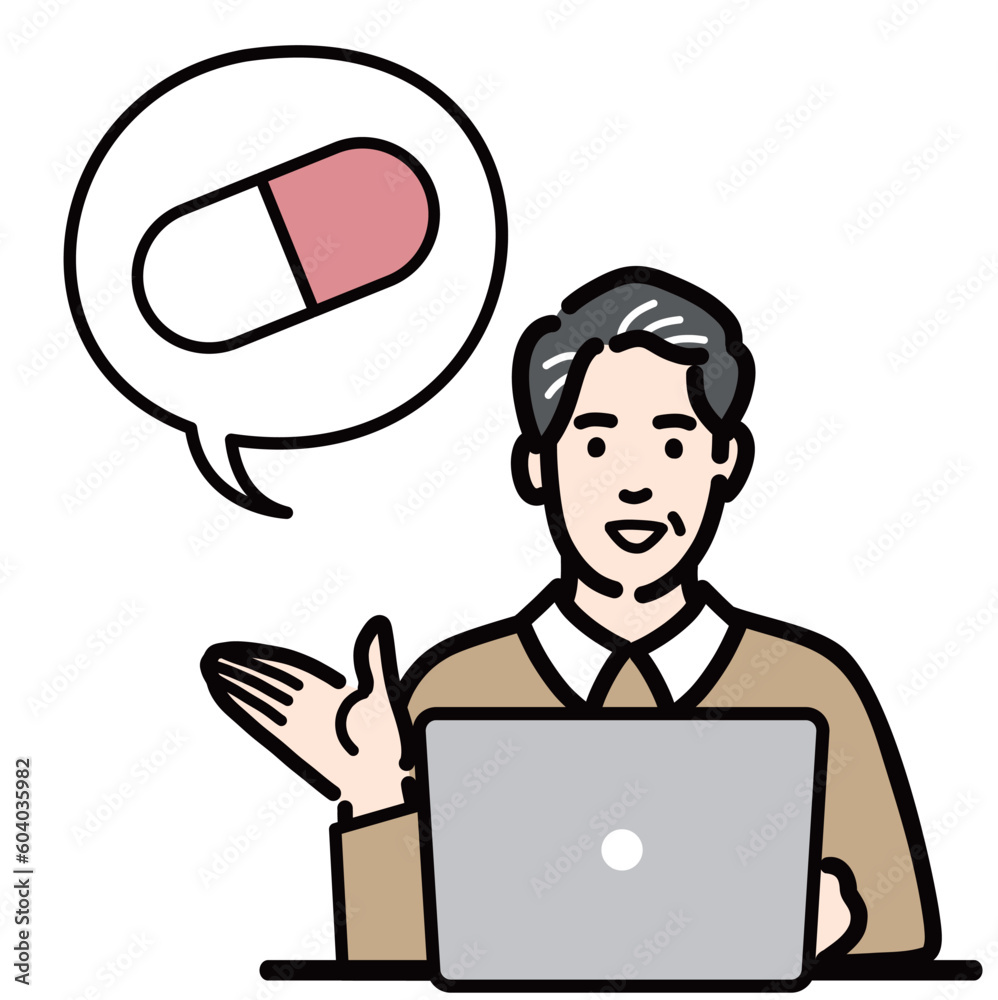 ラップトップの前に座って薬の説明をしている中年男性
ラップトップの前に座って薬の説明をしている中年男性