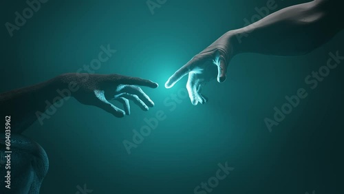creation of Adam in 3d, the creator and the creation, mystical figures touch each other with a finger, the moment of touch, the divine spark. 3d simulation