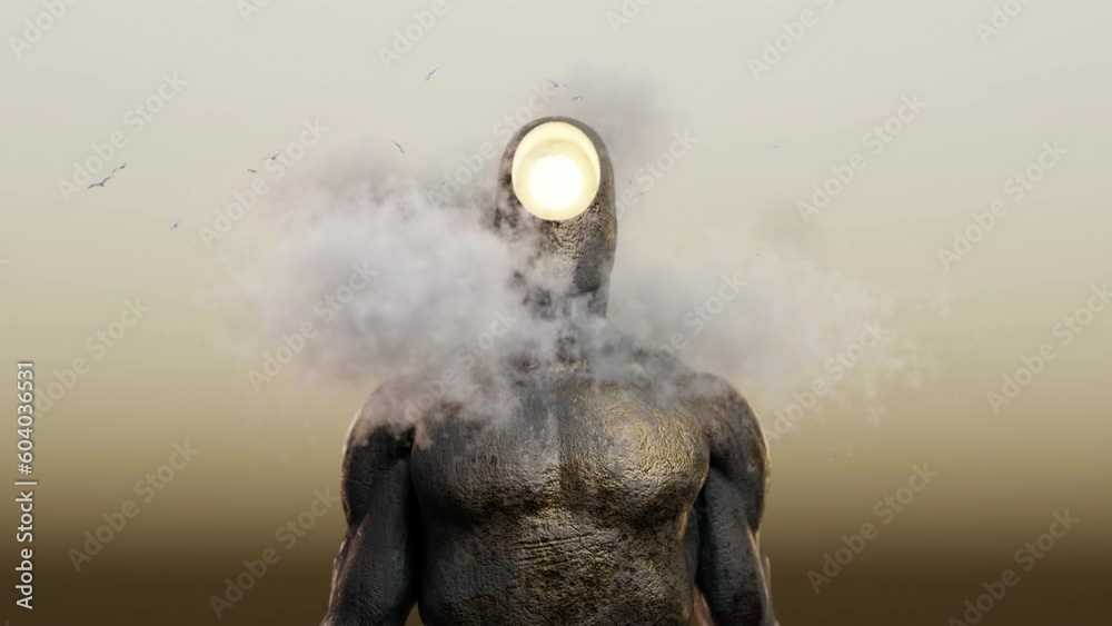 A thought in my head, a concept. A giant metal colossus with a shining sphere inside its head, thinking, an idea, 3d simulation