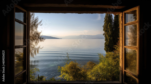 Lake and mountains view from open window in summer, travel, vacation, cozy mood, tranquil
