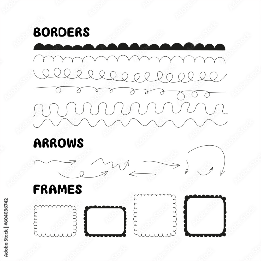 Hand drawn doodles, scribbles, borders, frames, arrows elements set. Vector textured brush strokes, stamp brushes. Childish scribbles and doodles, lines and shapes elements isolated on white backgroun