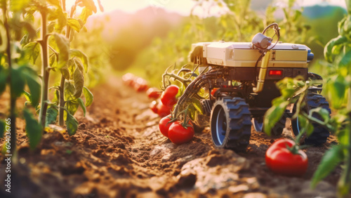 A robot with navigation and optical recognition for weed and pest control. An agricultural robot working in the field with tomatoes. Future 5G technology . The concept of a smart farm. Generative AI