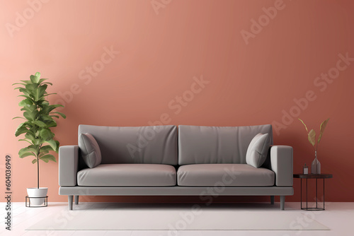 Modern cozy living room with monochrome terracotta wall. Contemporary interior design with trendy earth tones wall color, grey sofa for mockups. Generative AI.