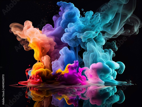 Beautiful multi-colored smoke swirls in rays of light on an isolated black background. Generative AI