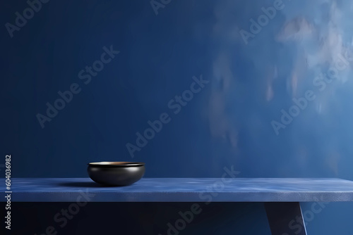 Textured indigo blue wall copy space. Monochrome empty room with minimalist table. Wall scene mockup product for showcase, Promotion background. Generative AI.