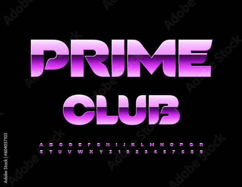 Vector chic logo Prime Club. Chic elite Font. Shiny luxury Alphabet Letters and Numbers