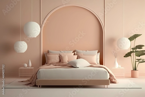Modern bedrroom with monochrome neutral peach color empty wall for mockups. Contemporary interior design with trendy wall color  bed and pillows. Generative AI.