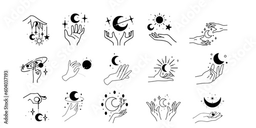 Mystical line set. Abstract decorative pint bundle  magic luck elements with female hands. Vector isolated collection