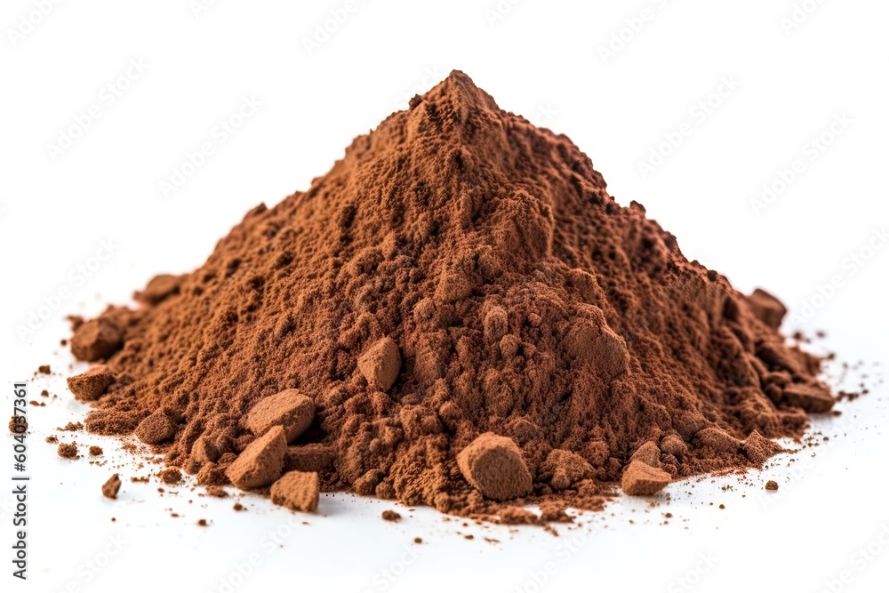 Brown Chocolate Powder on White Background. Isolated. Generative AI illustrations.
