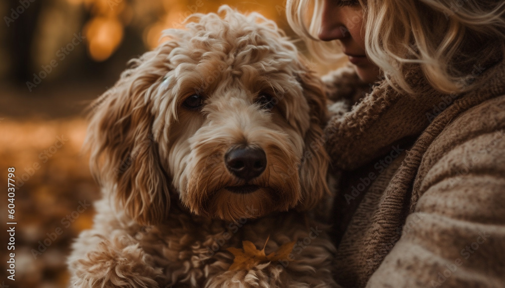 Cute puppy and woman share love and happiness generated by AI