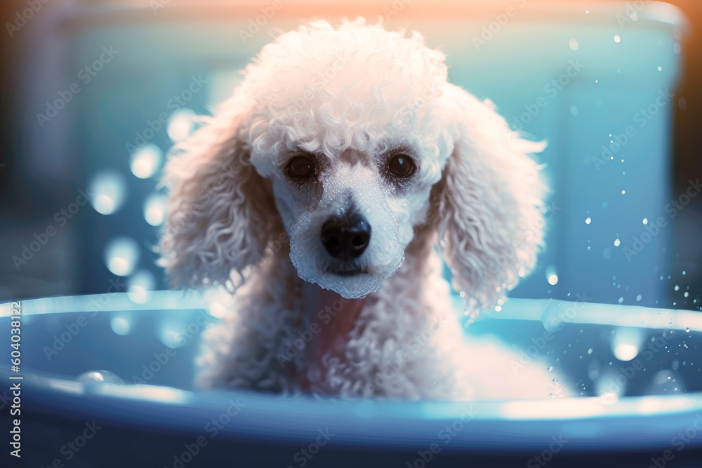 Funny puppy sitting in bathtub waiting for grooming. Banner for pet shop, grooming salon. Generative AI Funny puppy sitting in bathtub waiting for grooming. Banner for pet shop, grooming salon. Generative AI