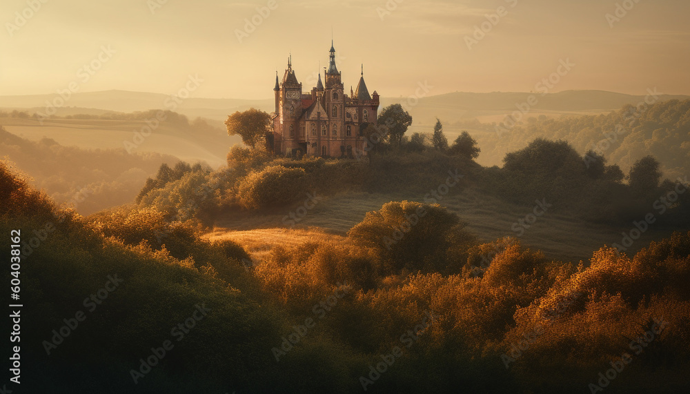 Sunset illuminates chapel in tranquil rural scene generated by AI Sunset illuminates chapel in tranquil rural scene generated by AI