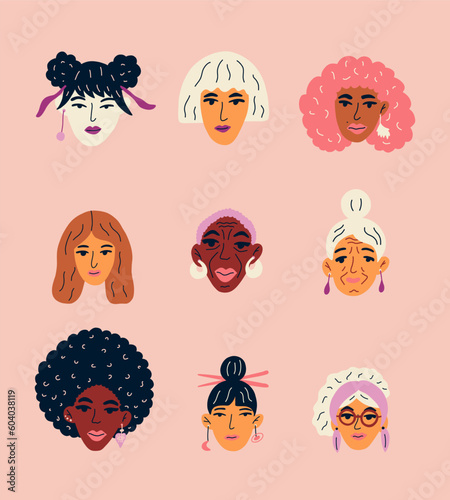 Concept of diversity with the heads of women of different races and ages. Multiethnic group of beautiful women with various faces. .Cartoon vector print for t shirt, postcard, bag, decor, banner.