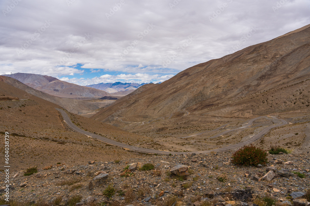 the road from Pangong Lake to Tso Moriri with desert and mountain , Ladakh, India
