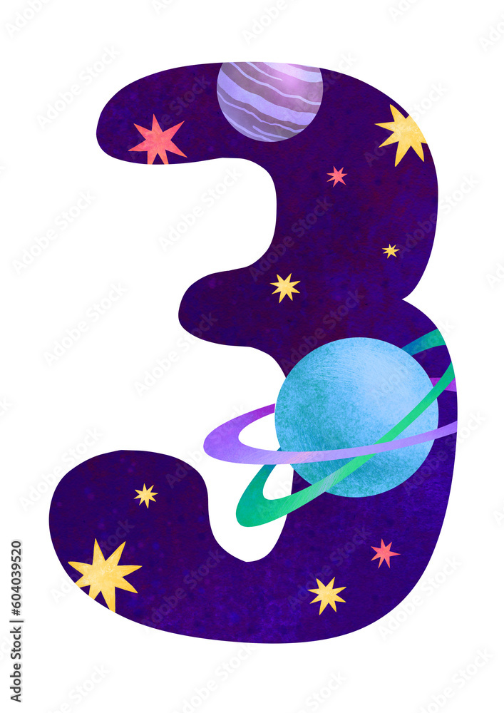 Number three (3). Space theme. Colorful children hand drawn