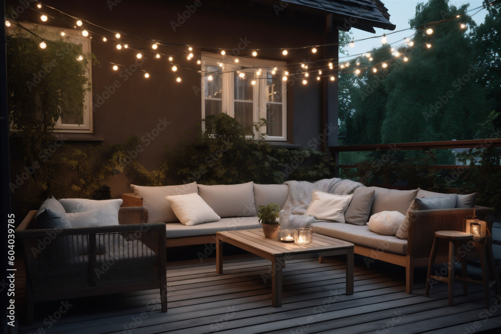 Closeup of the sofa leisure gathering area on the roof of the villa, with a festive lighting atmosphere