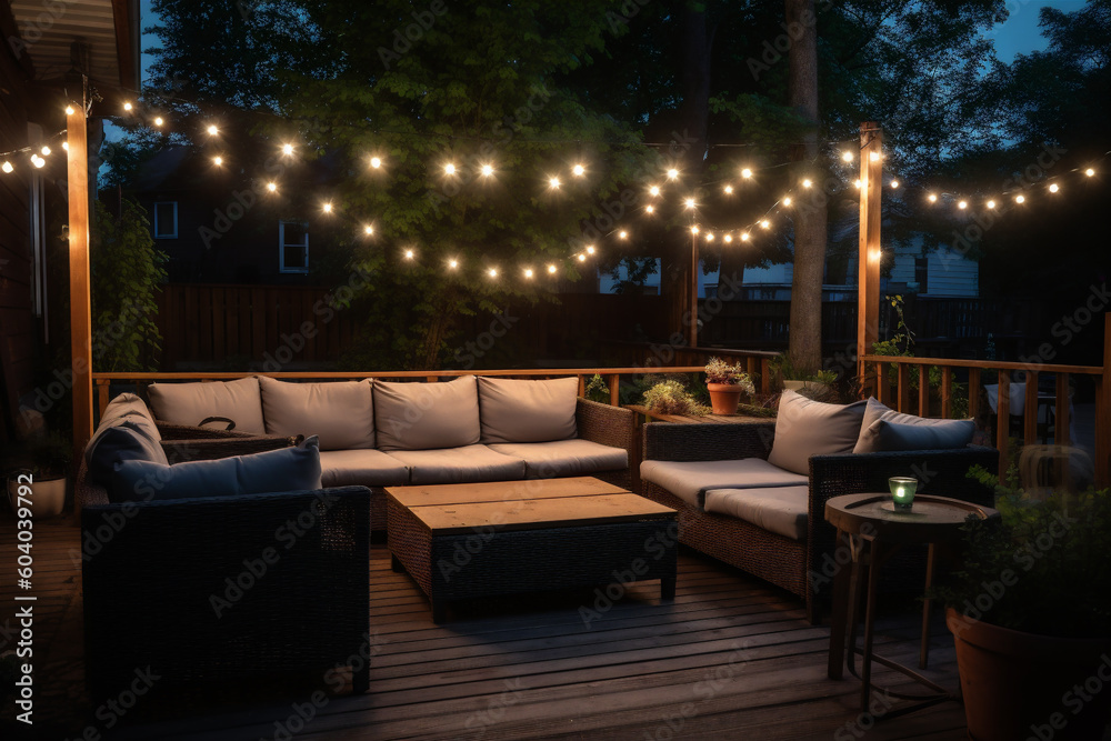Closeup of the sofa leisure gathering area on the roof of the villa, with a festive lighting atmosphere Closeup of the sofa leisure gathering area on the roof of the villa, with a festive lighting atmosphere