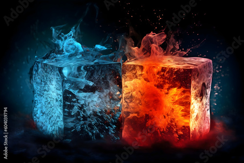 ice and fire cube on black background