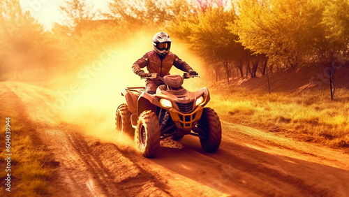 Atv bike in dust cloud, sand dirt in background with Generative AI. 