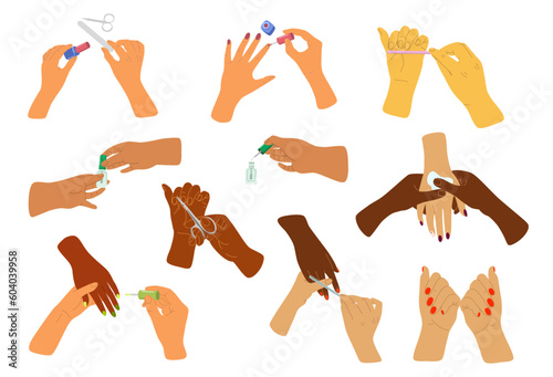 People hands doing manicure close up vector illustrations set. Palms applying nourishing cream, lotion, serum and toothpaste on toothbrush flat style drawings collection Isolated
