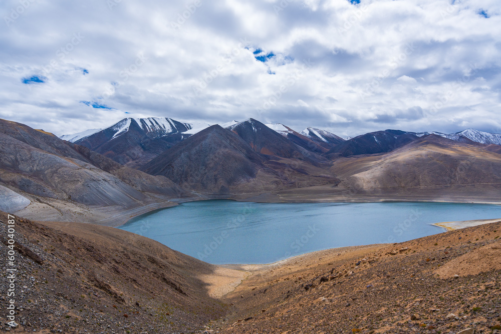 The Mirpal lake is between the mountains. This lake is located on the way from Pangong Lake to Tso Moriri, Ladakh, India