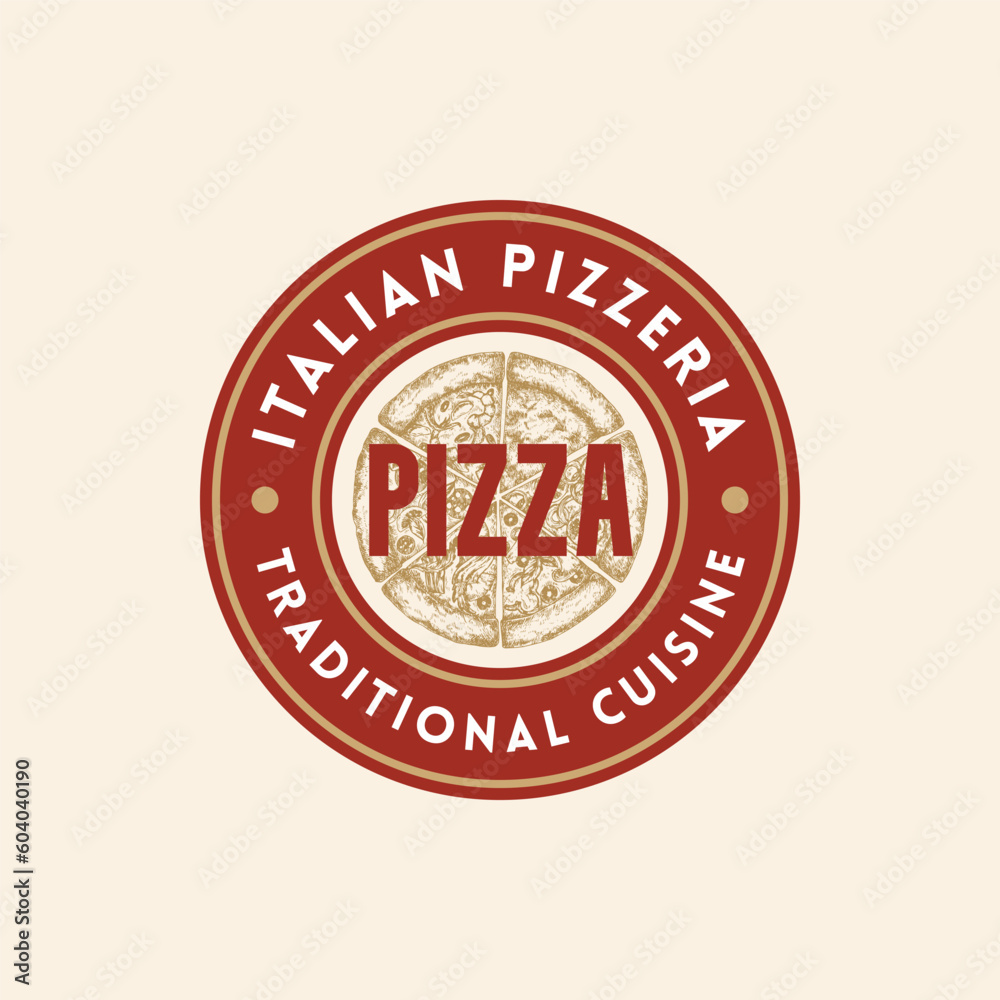 Italian Cuisine Abstract Vector Sign Logo Template. Hand Drawn Sketch Pizza with Retro Typography. Traditional Mediterranean Food Frame Badge Emblem Isolated Italian Cuisine Abstract Vector Sign Logo Template. Hand Drawn Sketch Pizza with Retro Typography. Traditional Mediterranean Food Frame Badge Emblem Isolated