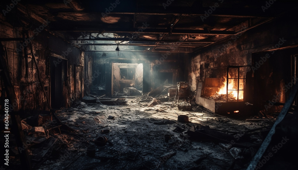 Abandoned warehouse, burnt and rusty with ash generated by AI Abandoned warehouse, burnt and rusty with ash generated by AI
