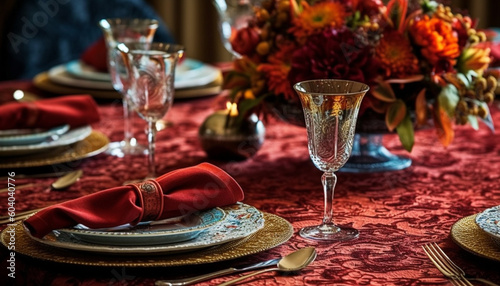 Elegant banquet table with ornate crockery and silverware generated by AI