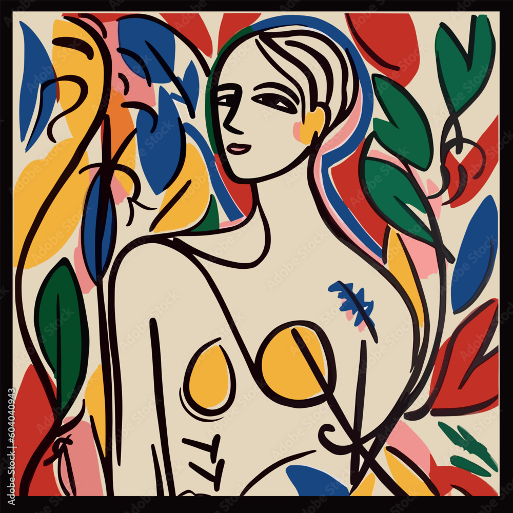 Vibrant hand-drawn illustration of a girl in a captivating line art style, featuring bold and bright colors Vibrant hand-drawn illustration of a girl in a captivating line art style, featuring bold and bright colors