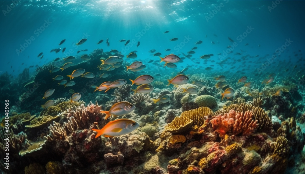 Obraz premium School of fish swim through vibrant coral reef generated by AI