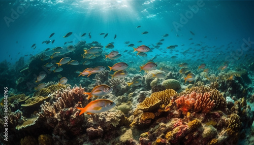 School of fish swim through vibrant coral reef generated by AI © Stockgiu