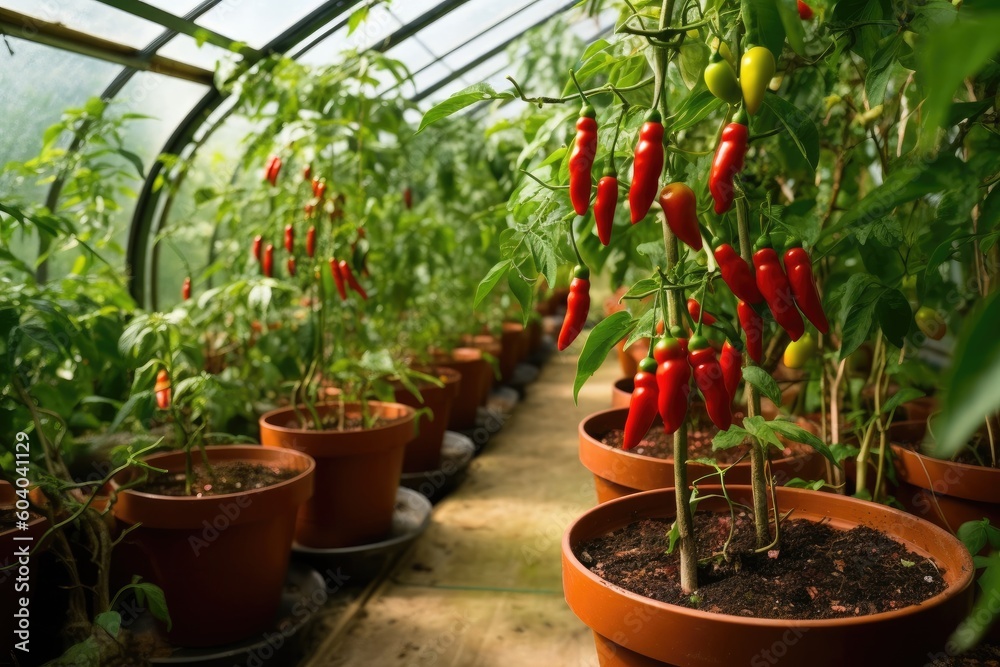 Hot and Spicy: Vibrant Chillies Growing in a Greenhouse