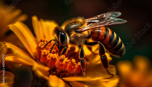 Busy honey bee collecting pollen from flower generated by AI